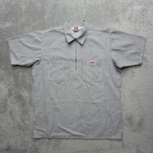 Ben Davis Shirt Mens L Blue Striped Twill Zip Front Short Sleeve Workwear